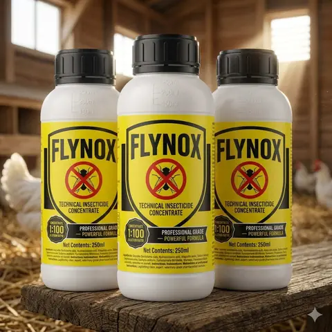 Три флакони FLYNOX на фермі — концентрат від мух і паразитів